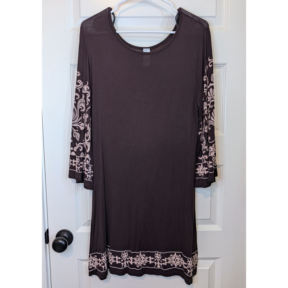 Lilypad Embroidered Bell Sleeve Brown Tunic Dress